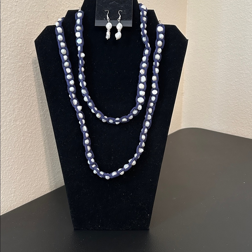 Chico's Blue Cord and White Beaded Necklace Set
